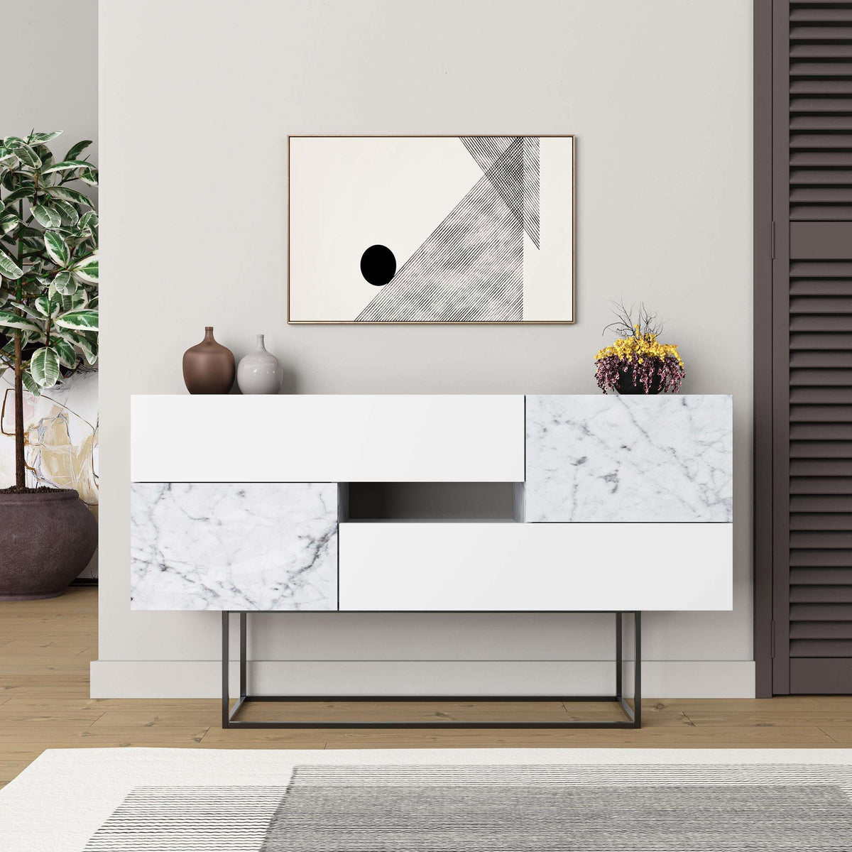White console sideboard with Carrara marble panels, two drawers, and open center shelf