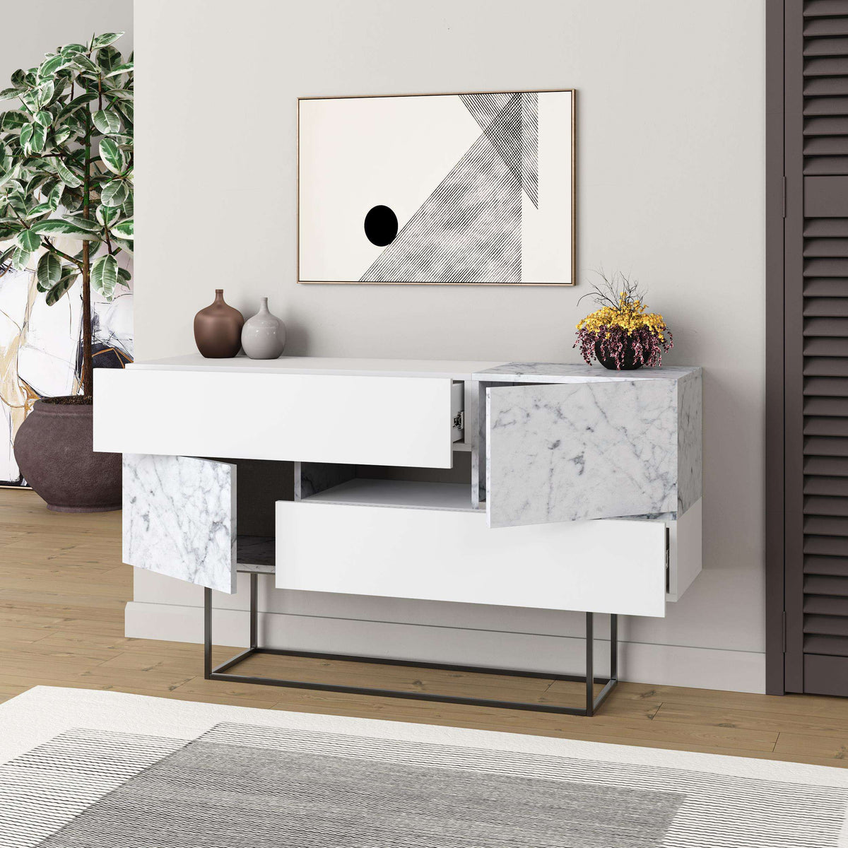 Marble-effect and white console sideboard with drawers and black metal legs