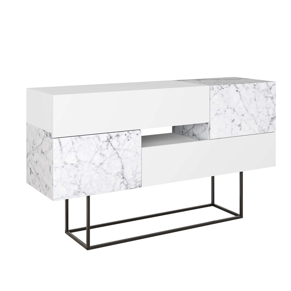 Marble-effect console sideboard with white panels and black metal base frame