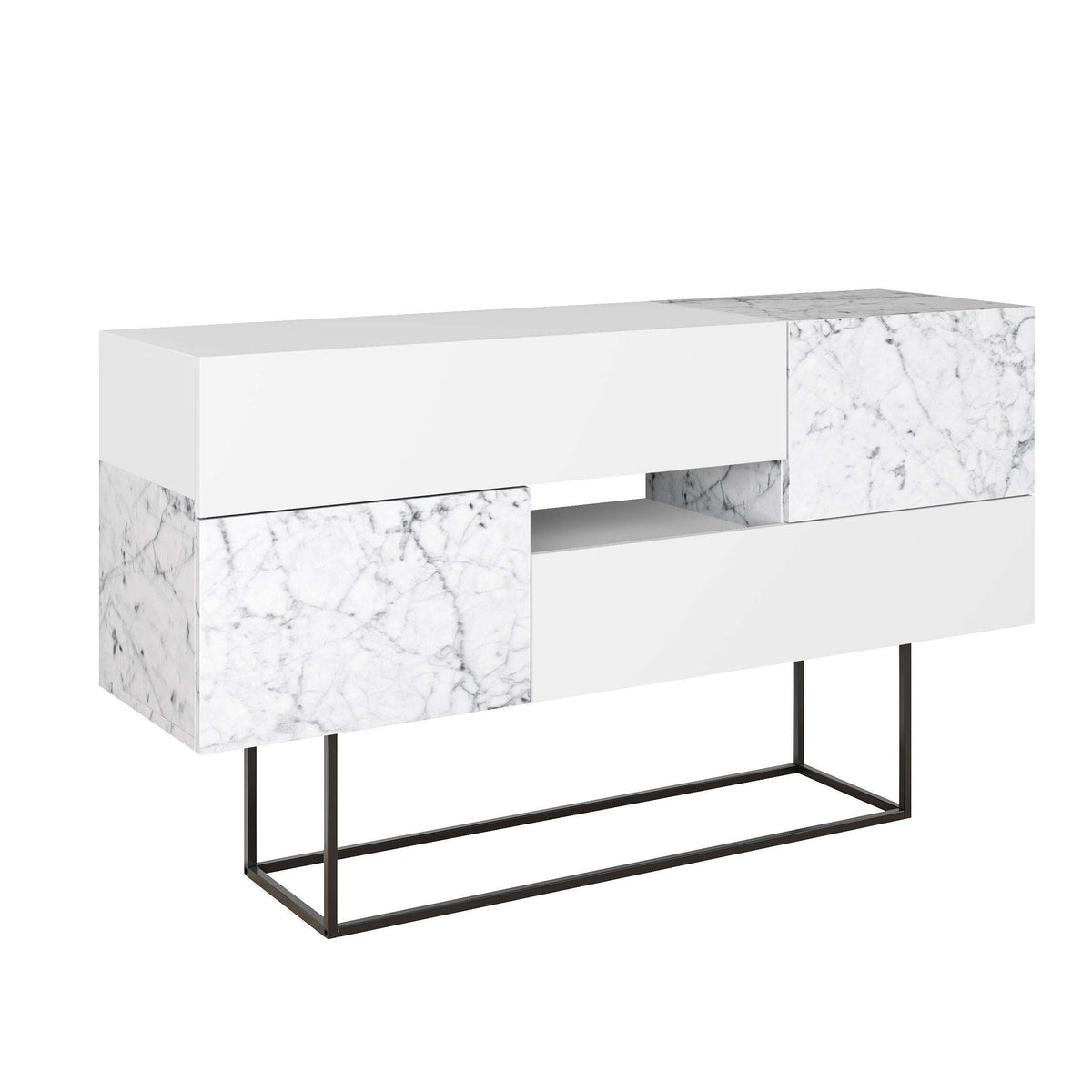 Marble-effect console sideboard with white panels and black metal base frame