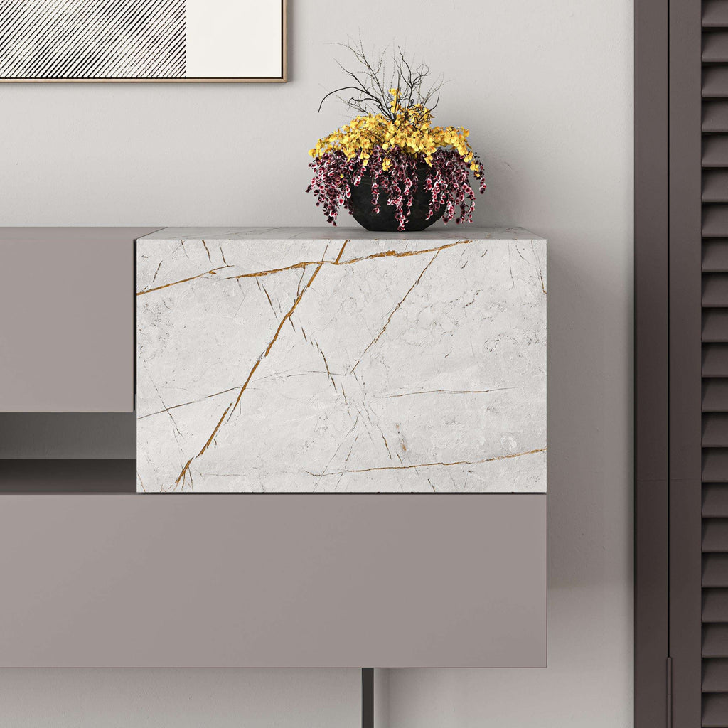Marble-look console sideboard with dark cabinet and open shelf, gold veining top