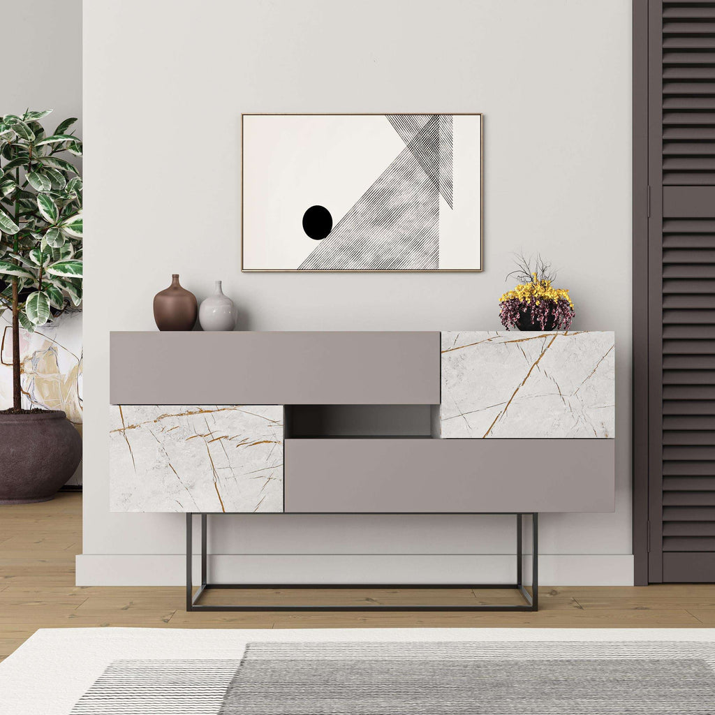 Marble-look console sideboard with dark drawer fronts and two-tone open storage