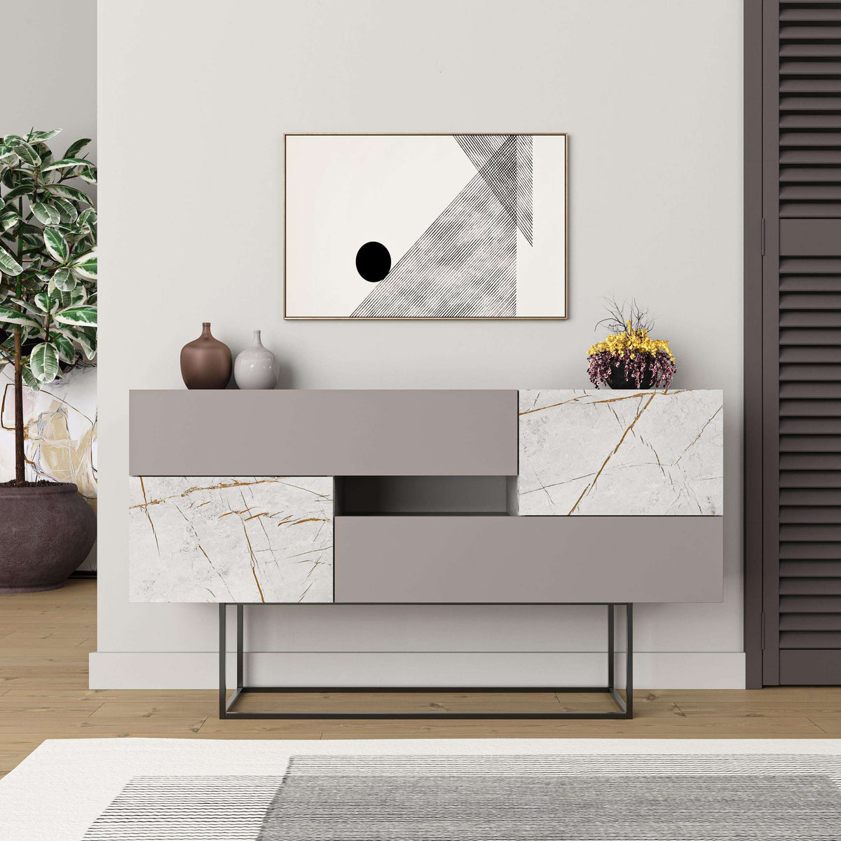 Marble-look console sideboard with dark drawer fronts and two-tone open storage