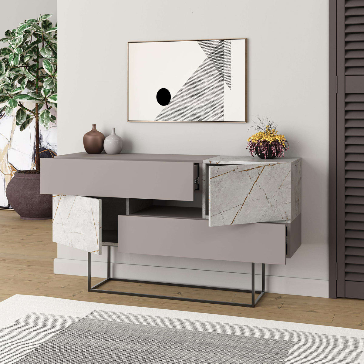 Console sideboard display unit with grey drawers, marble panels, black metal legs