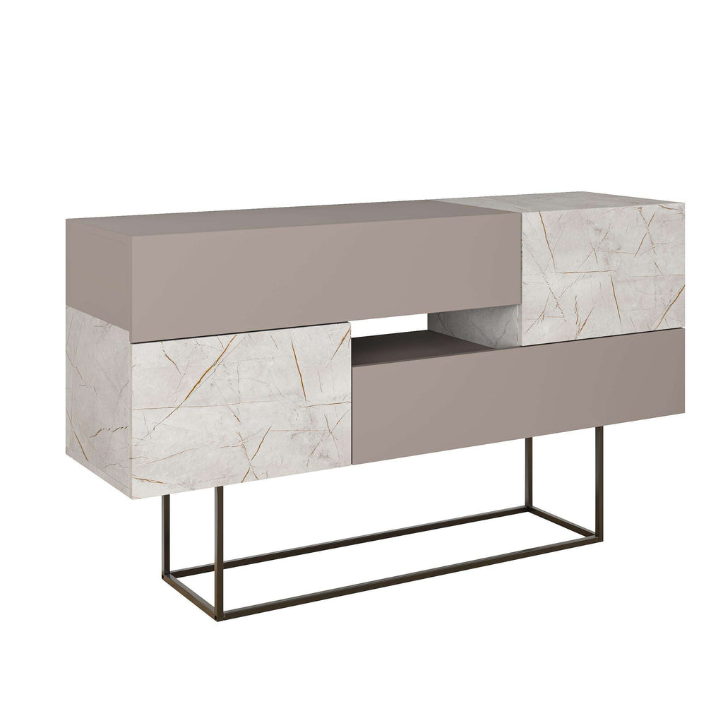 Console sideboard display unit with light grey body, white marble panels, dark metal frame