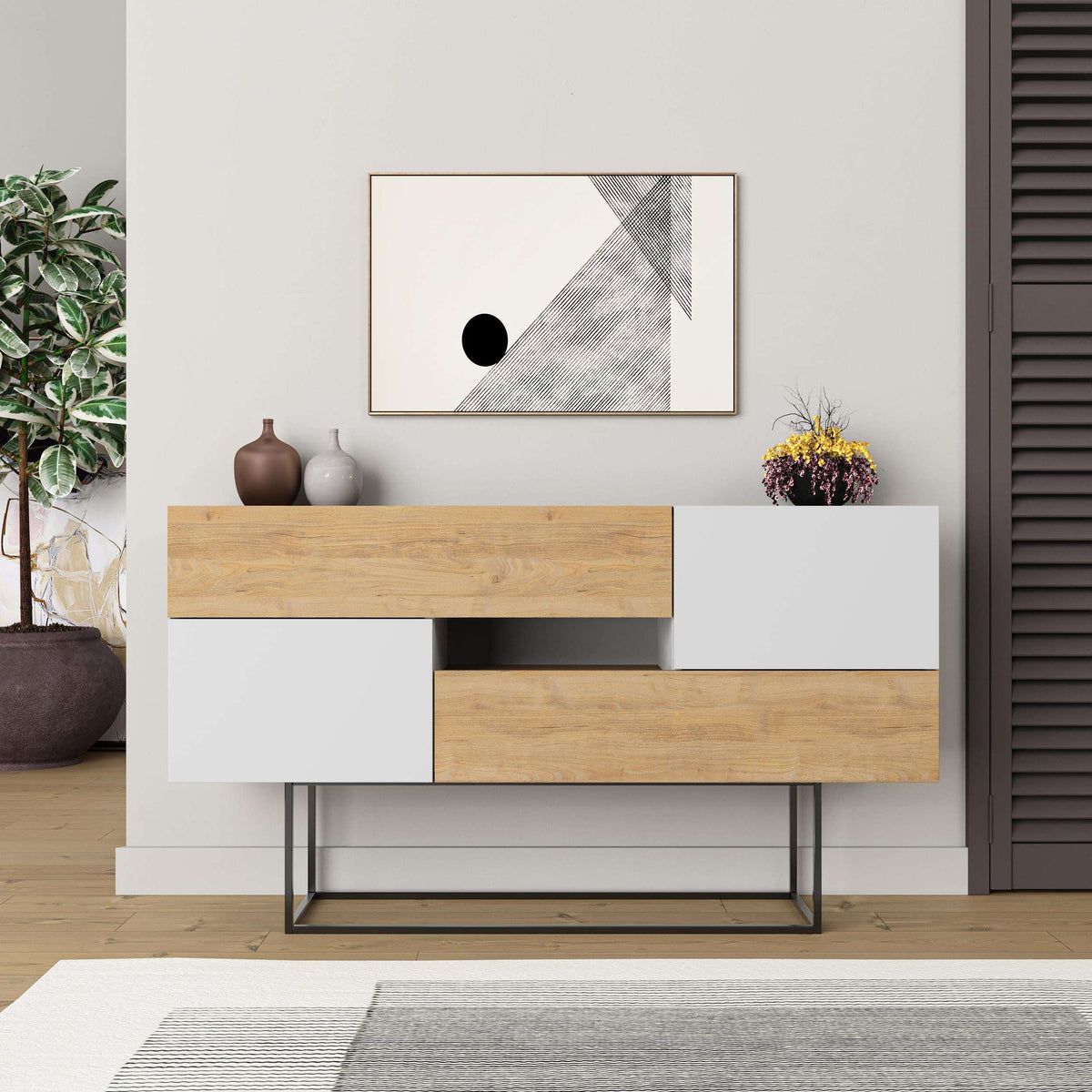Oak and white console sideboard with two drawers and black metal legs