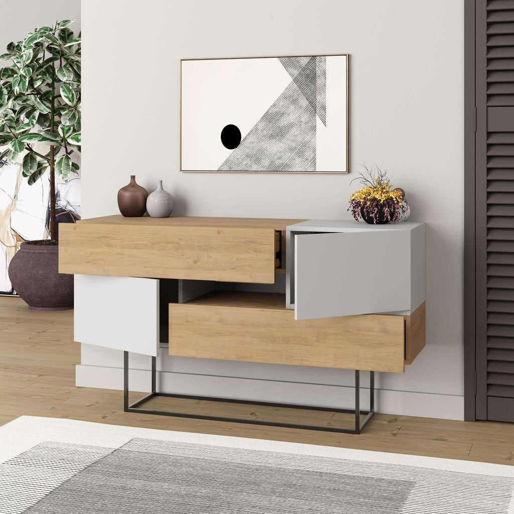 Oak console sideboard with white drawers and black metal legs
