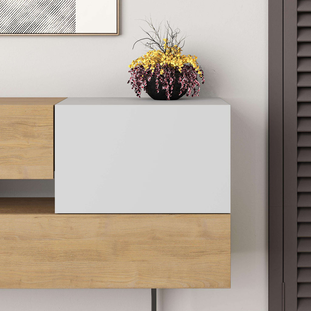 White console sideboard with oak drawer fronts and black metal legs