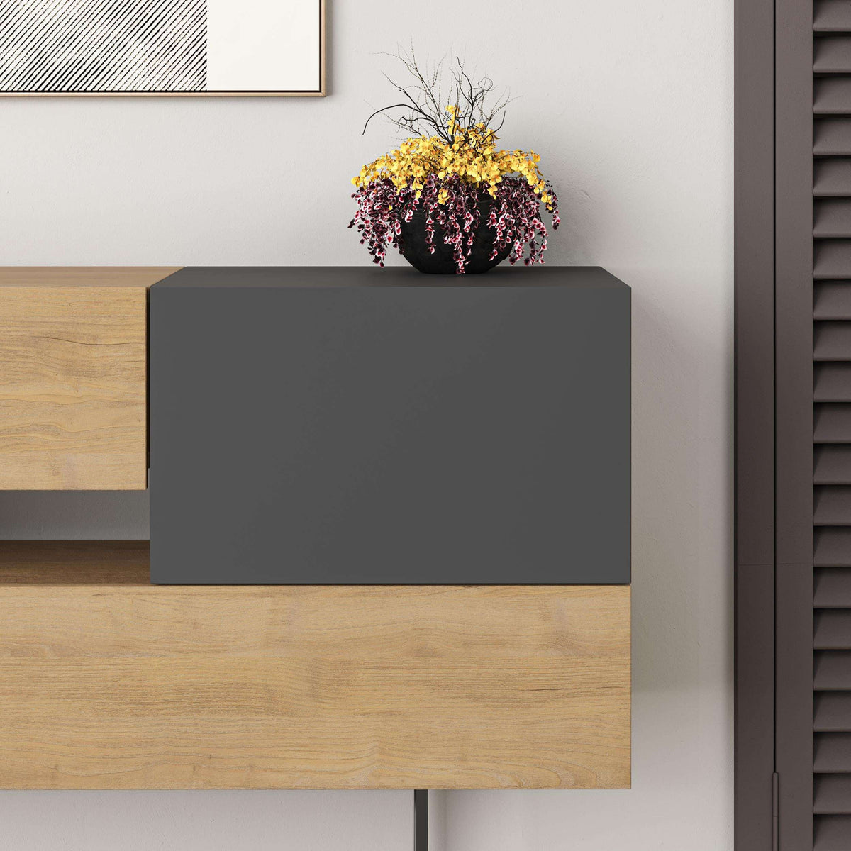 Marble-look console sideboard with dark cabinet door and light wood lower section