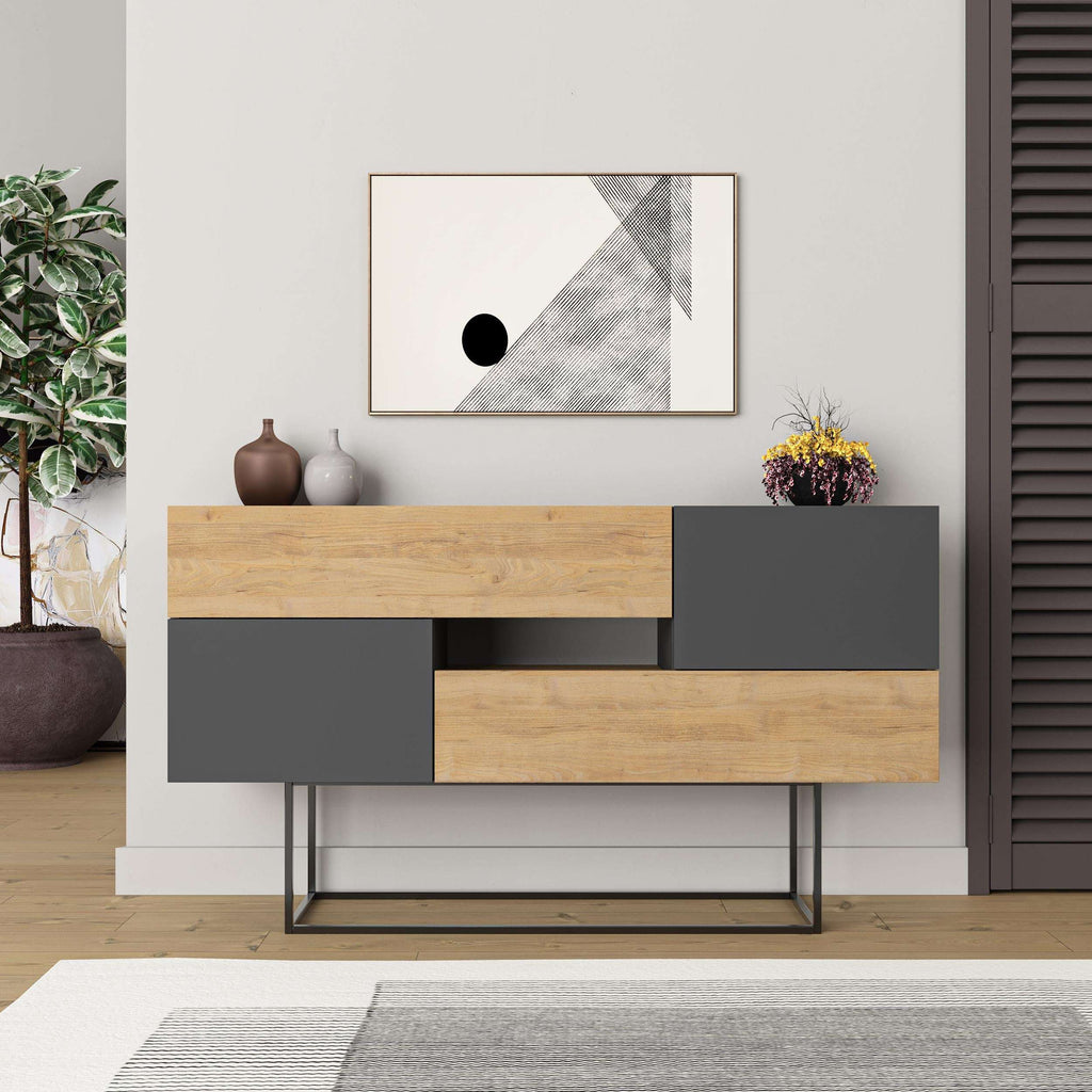 Oak and dark gray console sideboard with drawers, open shelf, and black metal frame