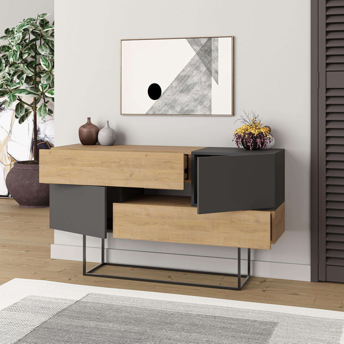 Oak and dark gray console sideboard with open shelves, drawers, and metal stand