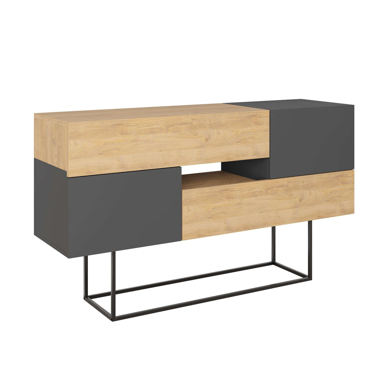 Two-tone console sideboard with oak top, dark drawer panels, and black metal legs