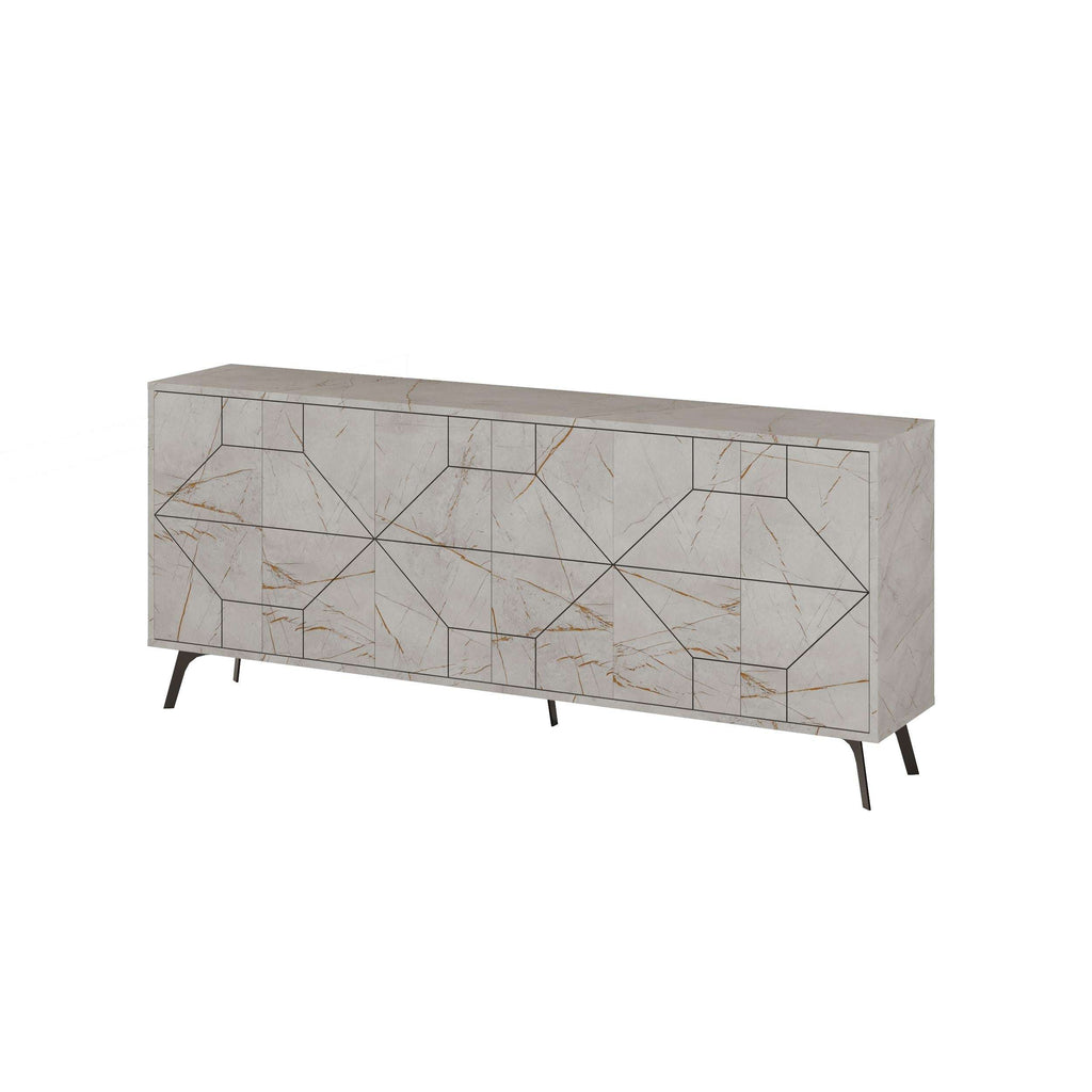 Carrara marble-look console sideboard with geometric patterned doors and dark legs