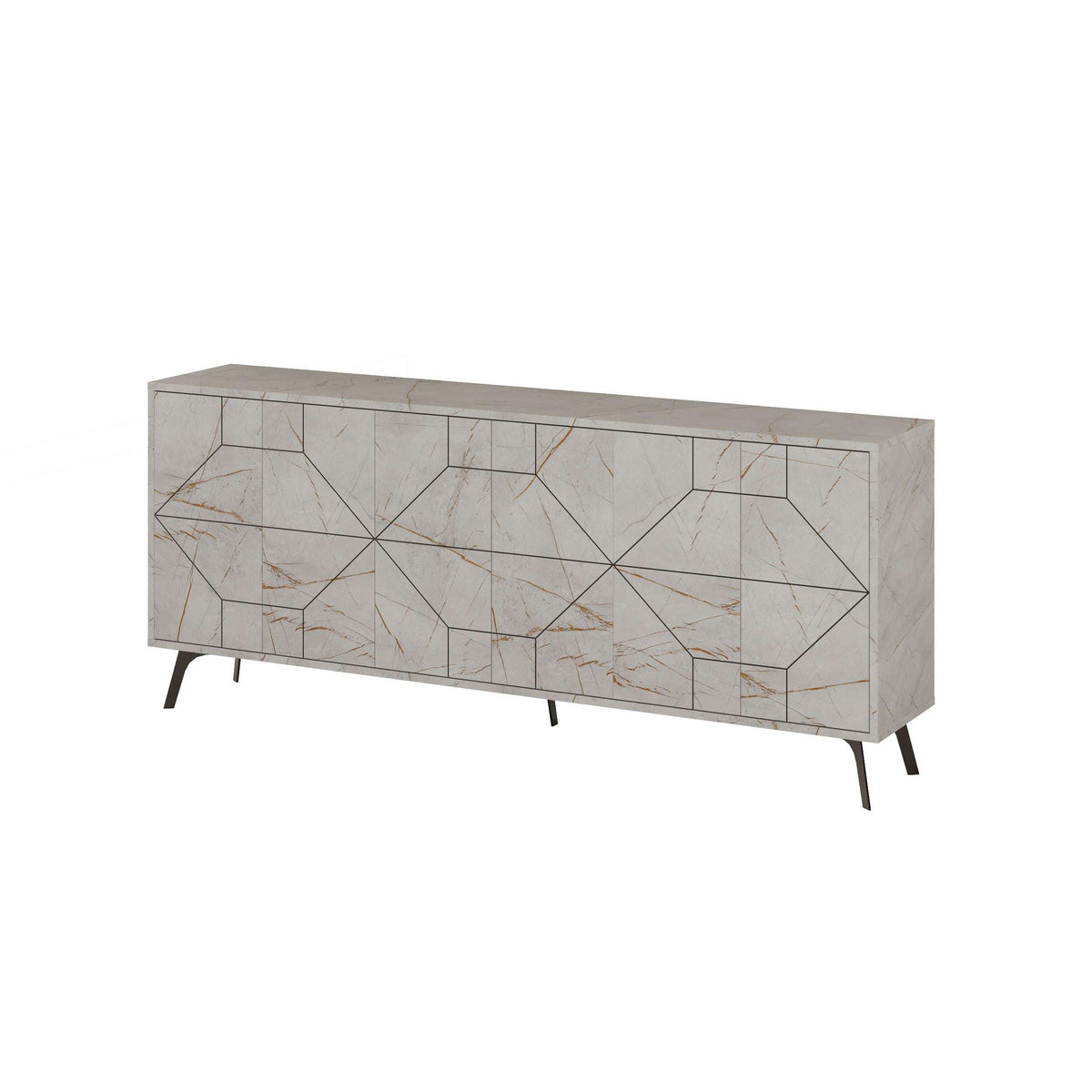 Carrara marble-look console sideboard with geometric patterned doors and dark legs