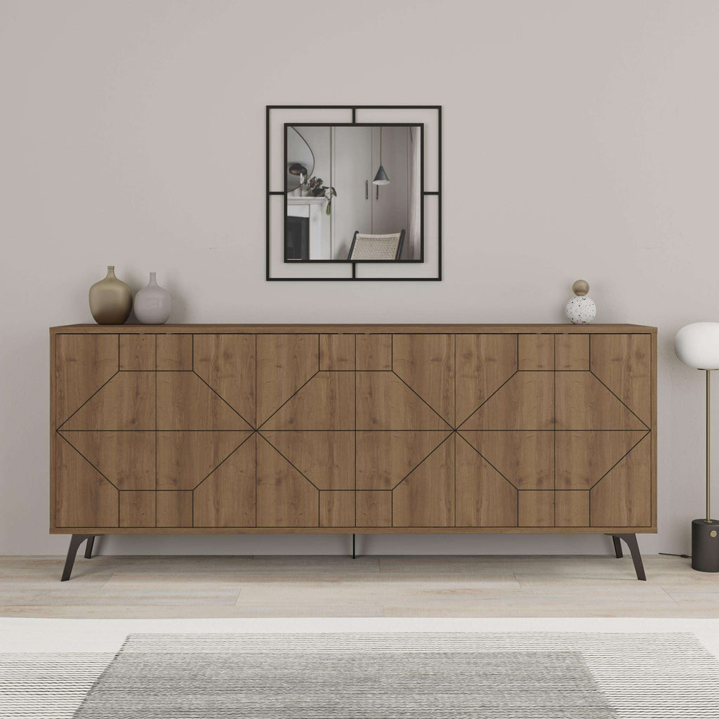 Wooden console sideboard featuring geometric door panels and long top surface