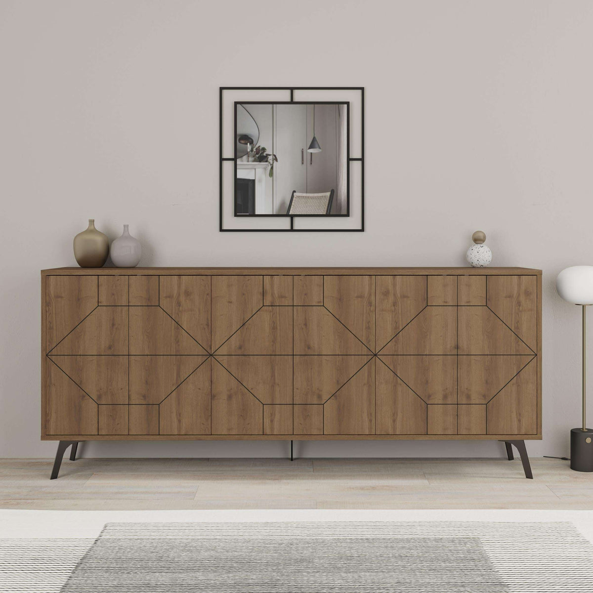 Wooden console sideboard featuring geometric door panels and long top surface
