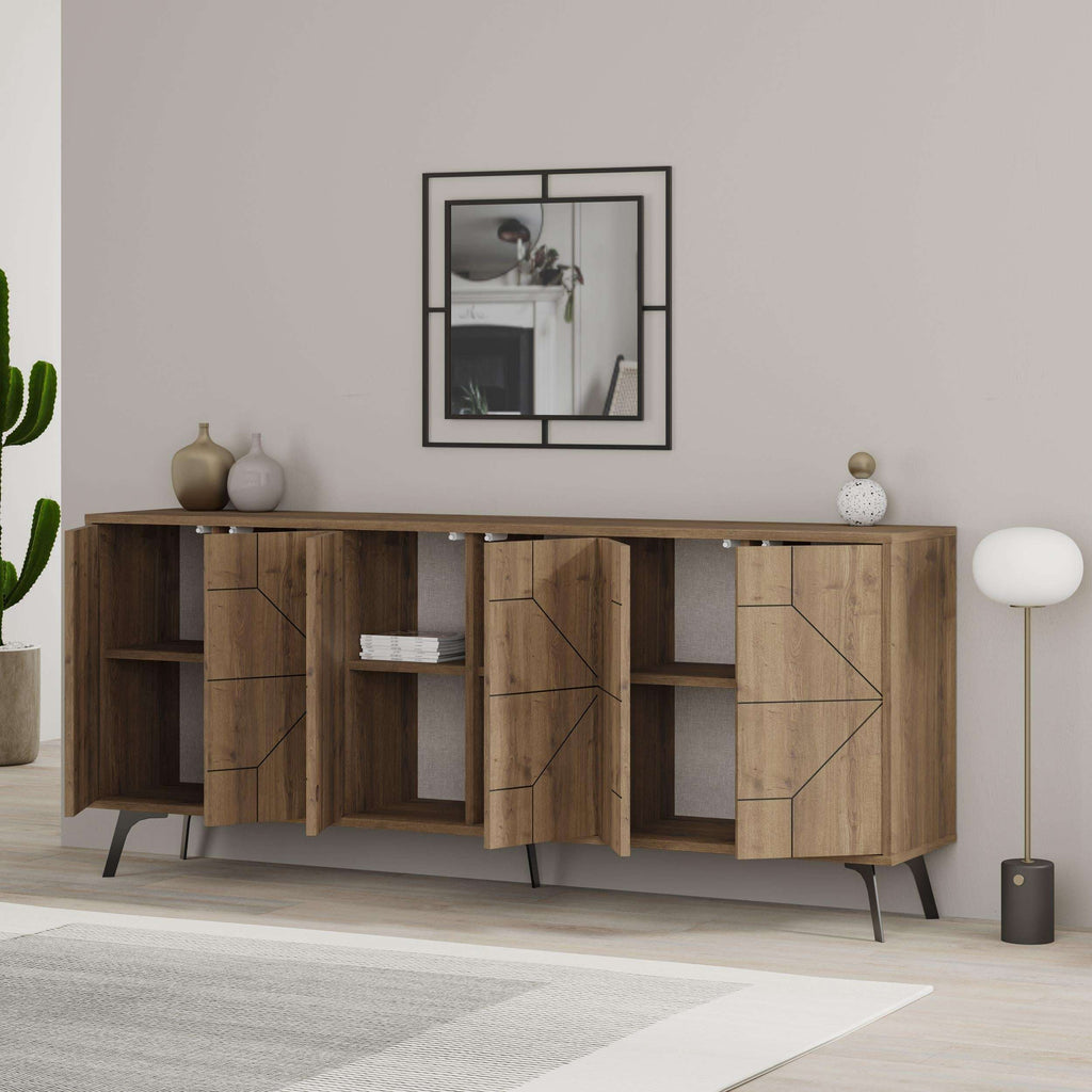 Wooden console sideboard with open shelf bays, geometric doors, and tapered legs