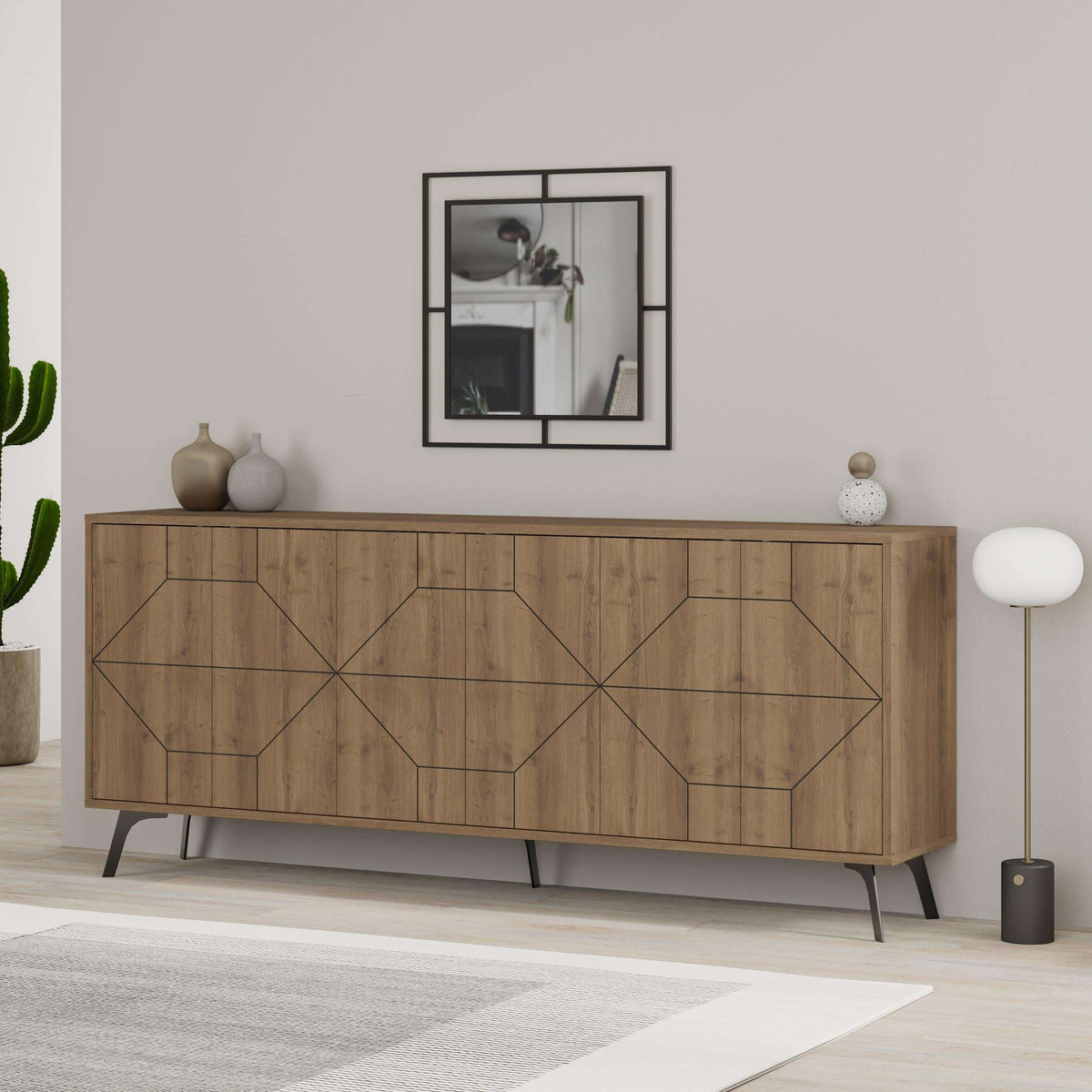 Console sideboard with geometric front panels, dark oak finish, tapered metal legs.