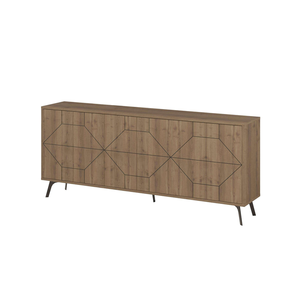 Wooden console sideboard with geometric paneled doors and open display shelves