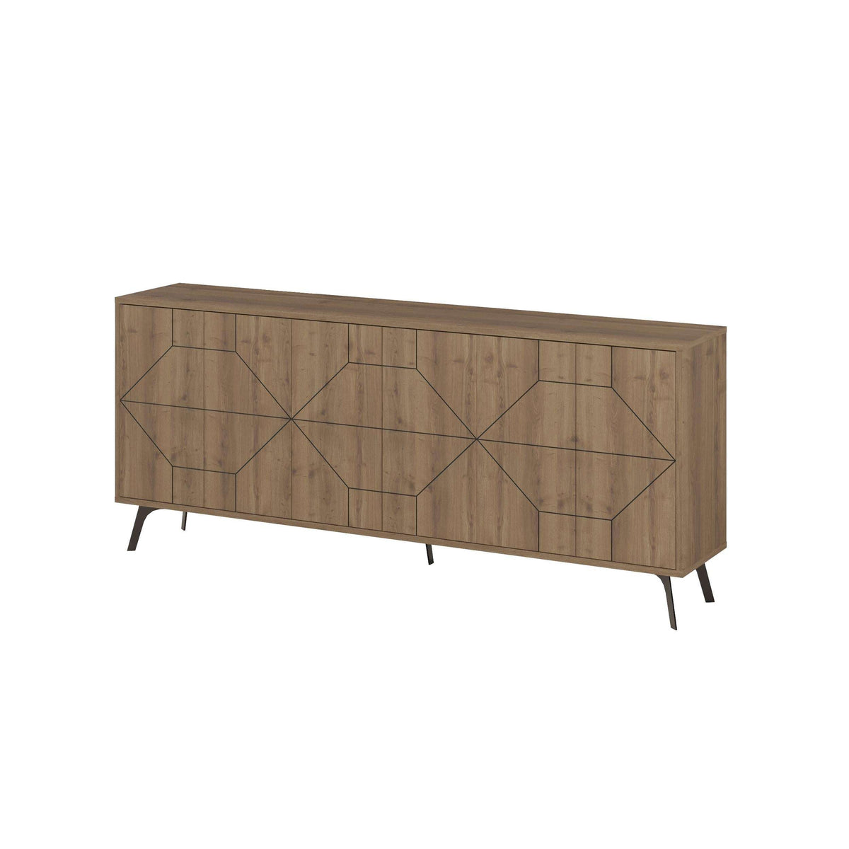 Wooden console sideboard with geometric paneled doors and open display shelves