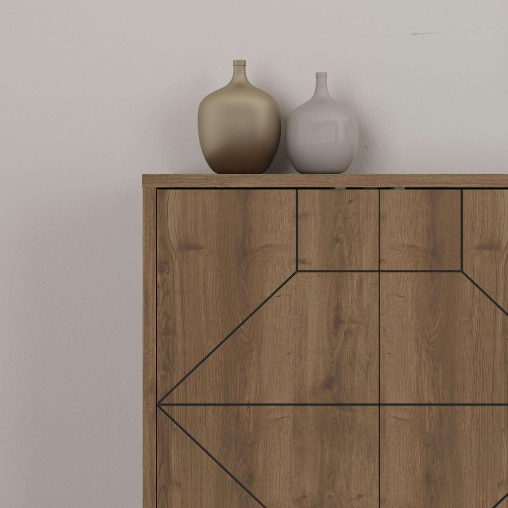 Corner detail of wooden console sideboard with geometric line inlay and top frame