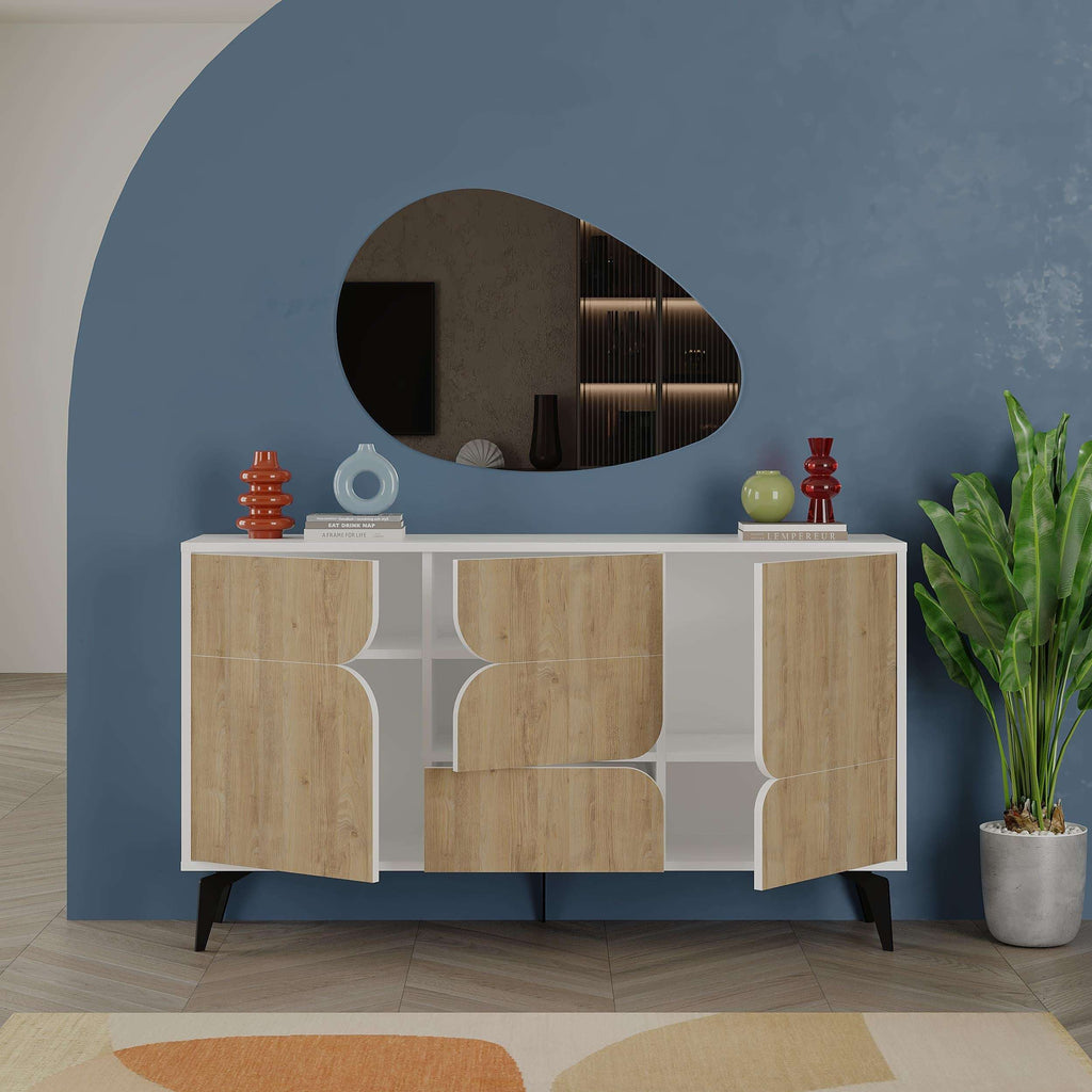 3-door sideboard with light oak frame and white panels featuring geometric star cutouts