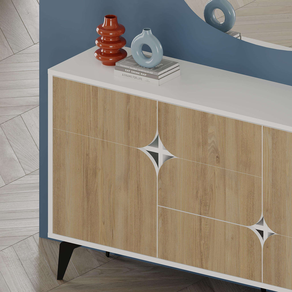 Light oak 3-door sideboard with white top and geometric star motif on door fronts