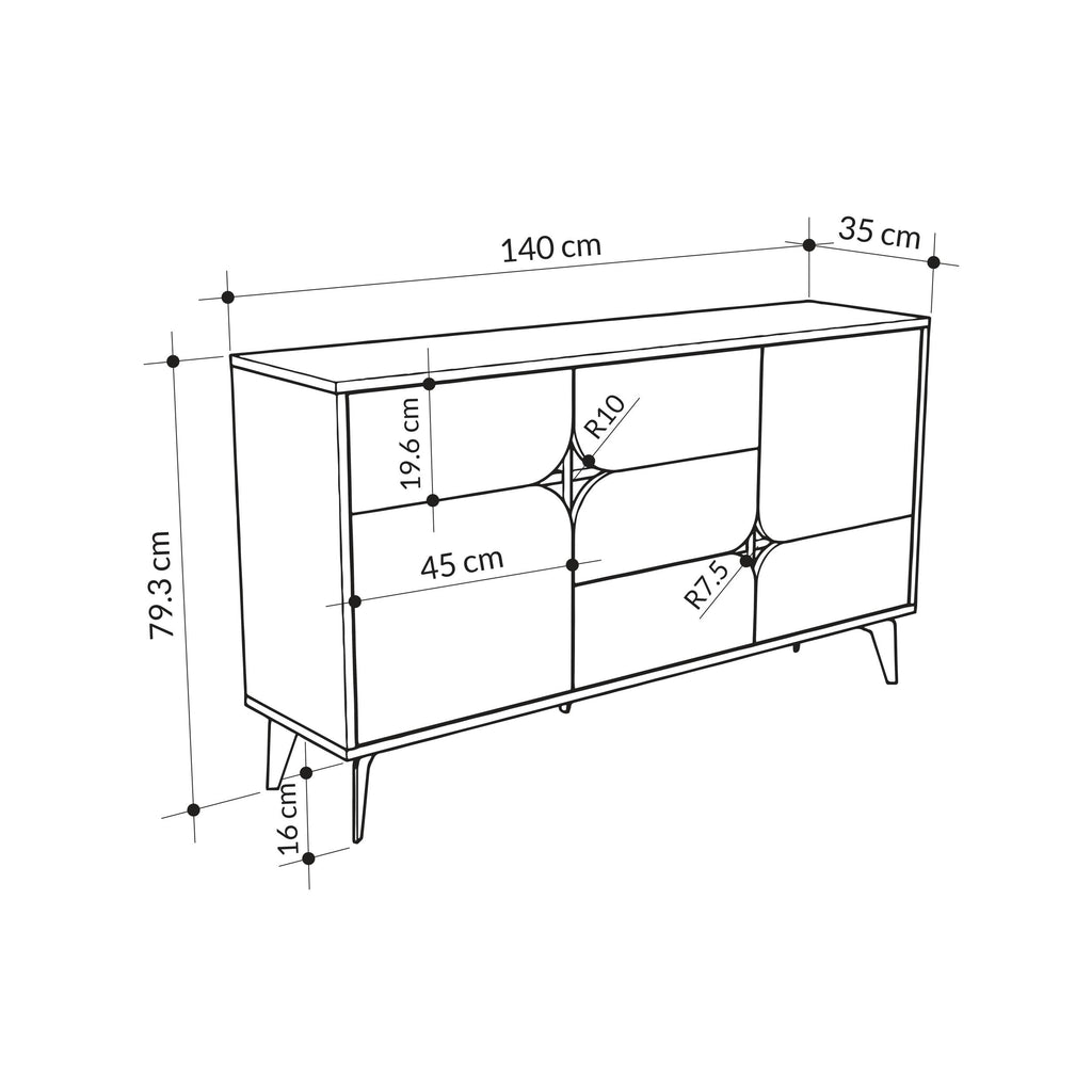 Sideboard size diagram: 140 cm wide, 79.3 cm high, 35 cm deep