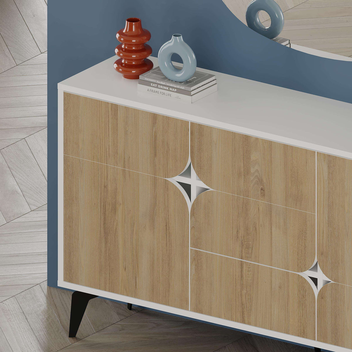 Light oak console sideboard with white top, geometric inlays, and angled black legs