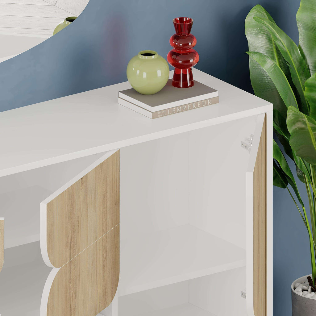 White-top console sideboard with light oak side panels and recessed door handles