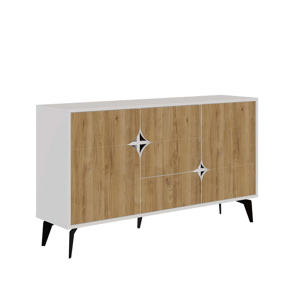 Oak and white 3-door sideboard with star inlays and black tapered legs