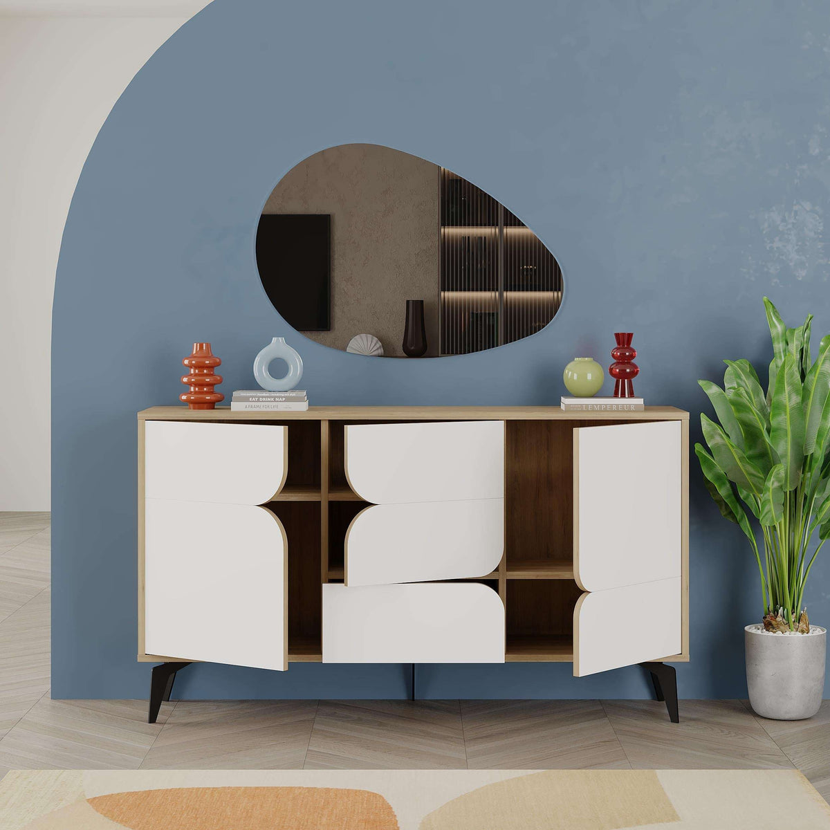 Three-door sideboard with white doors, dark frame, and sculpted panel detail