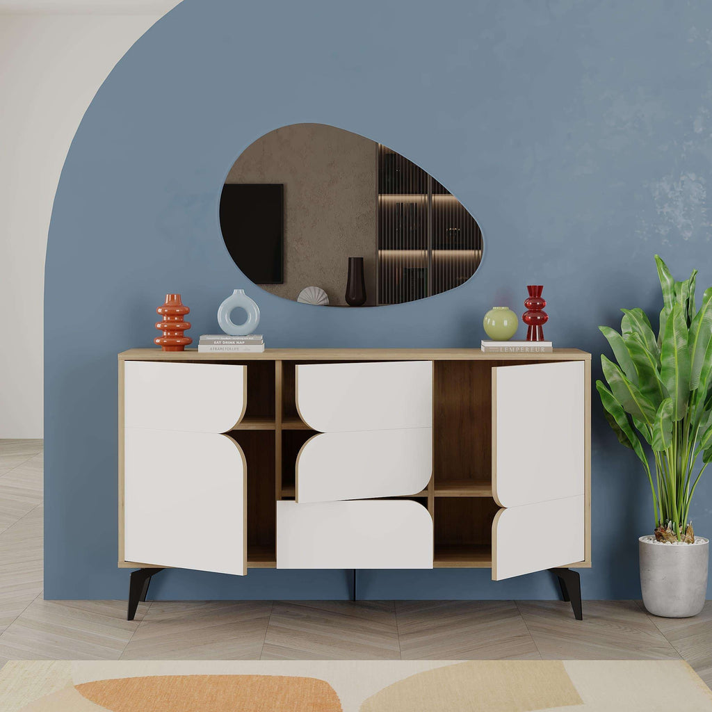 White and light oak 3-door console sideboard with geometric cutouts and central opening