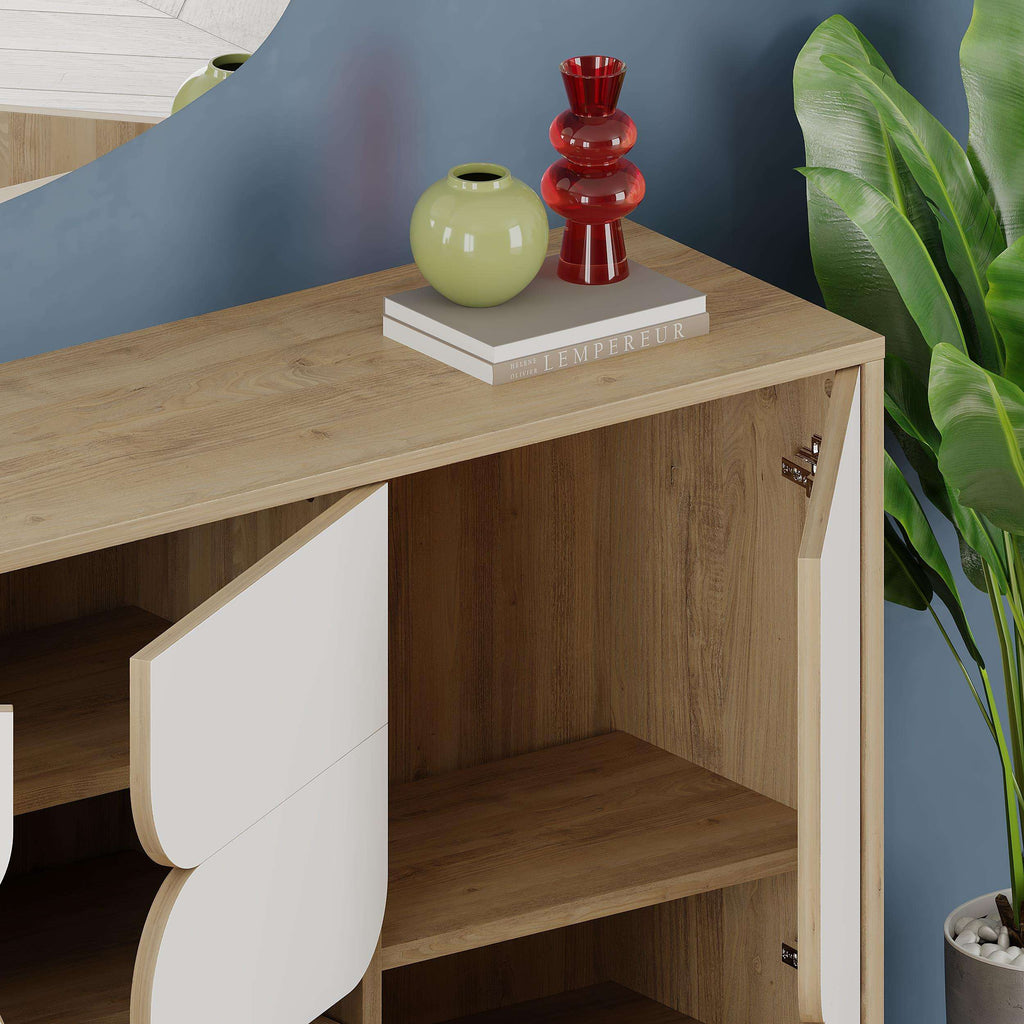 Three-door console sideboard with light oak top and white curved cabinet doors