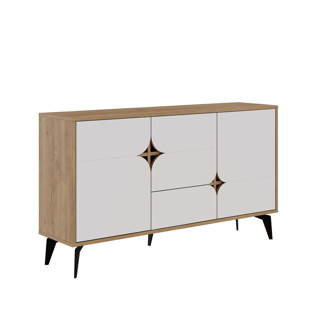 White and light oak 3-door sideboard with geometric panels and slim black legs