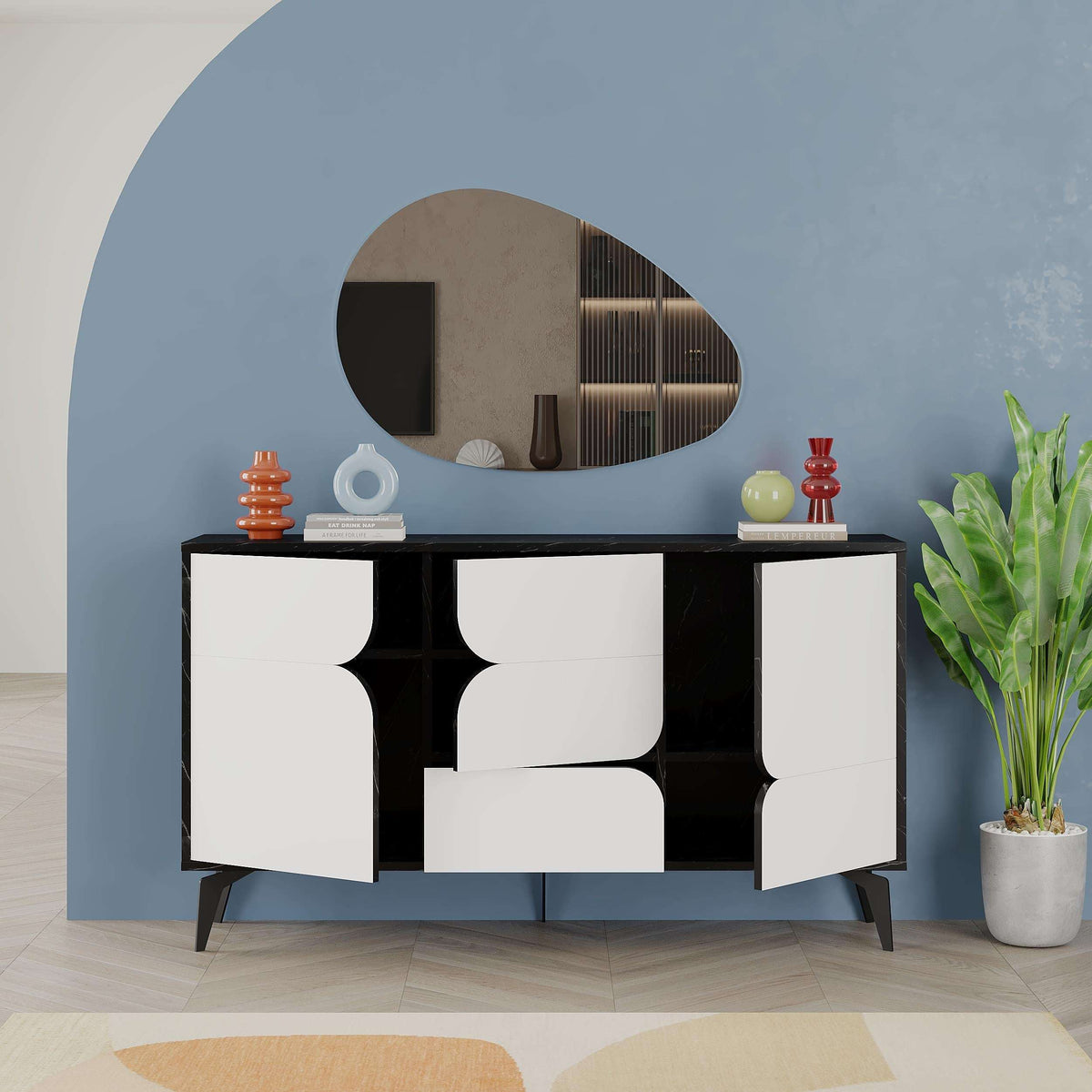 3-door sideboard with black frame, white arched door panels, and slender legs