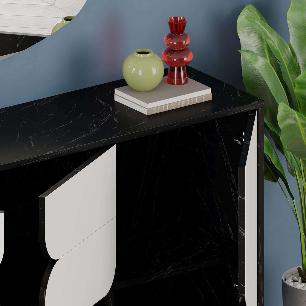 3-door sideboard with black marble-look top, white doors, and open corner view