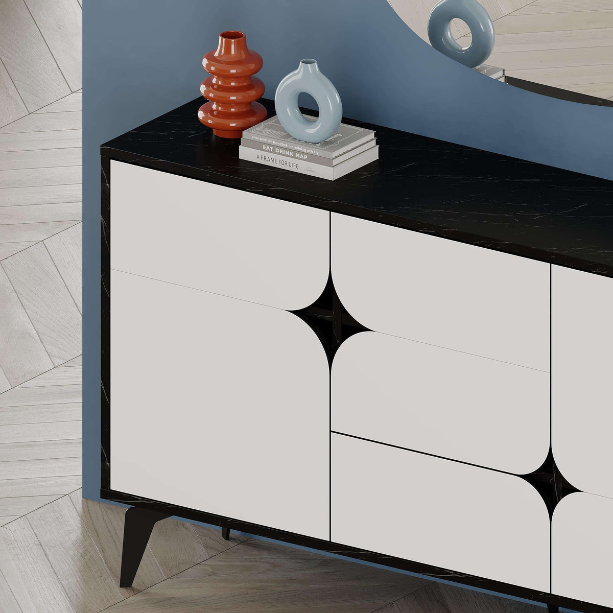 White 3-door sideboard with curved panel doors, black top, and tapered legs
