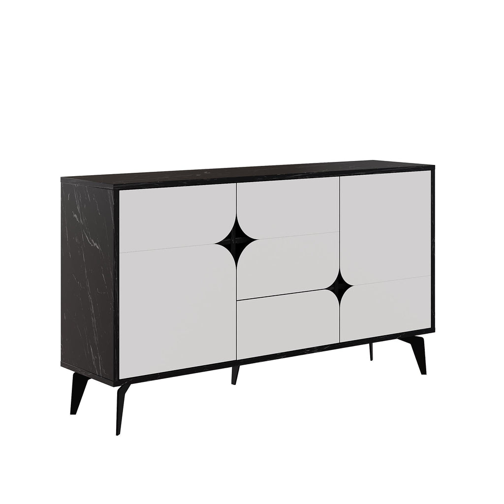 Console sideboard with black frame, white doors, and sculpted geometric insets