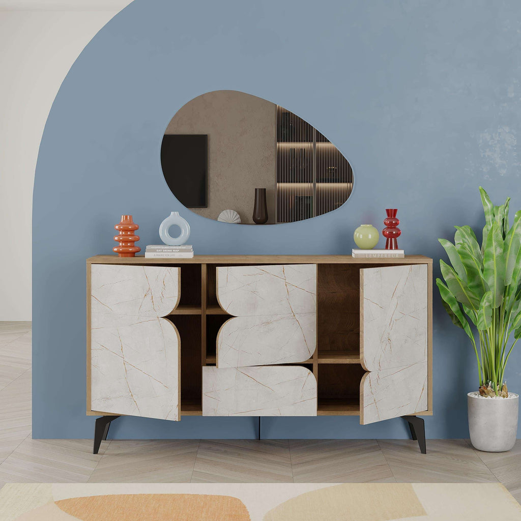 3-door sideboard with marble-look white doors, wood frame, and curved cutout details