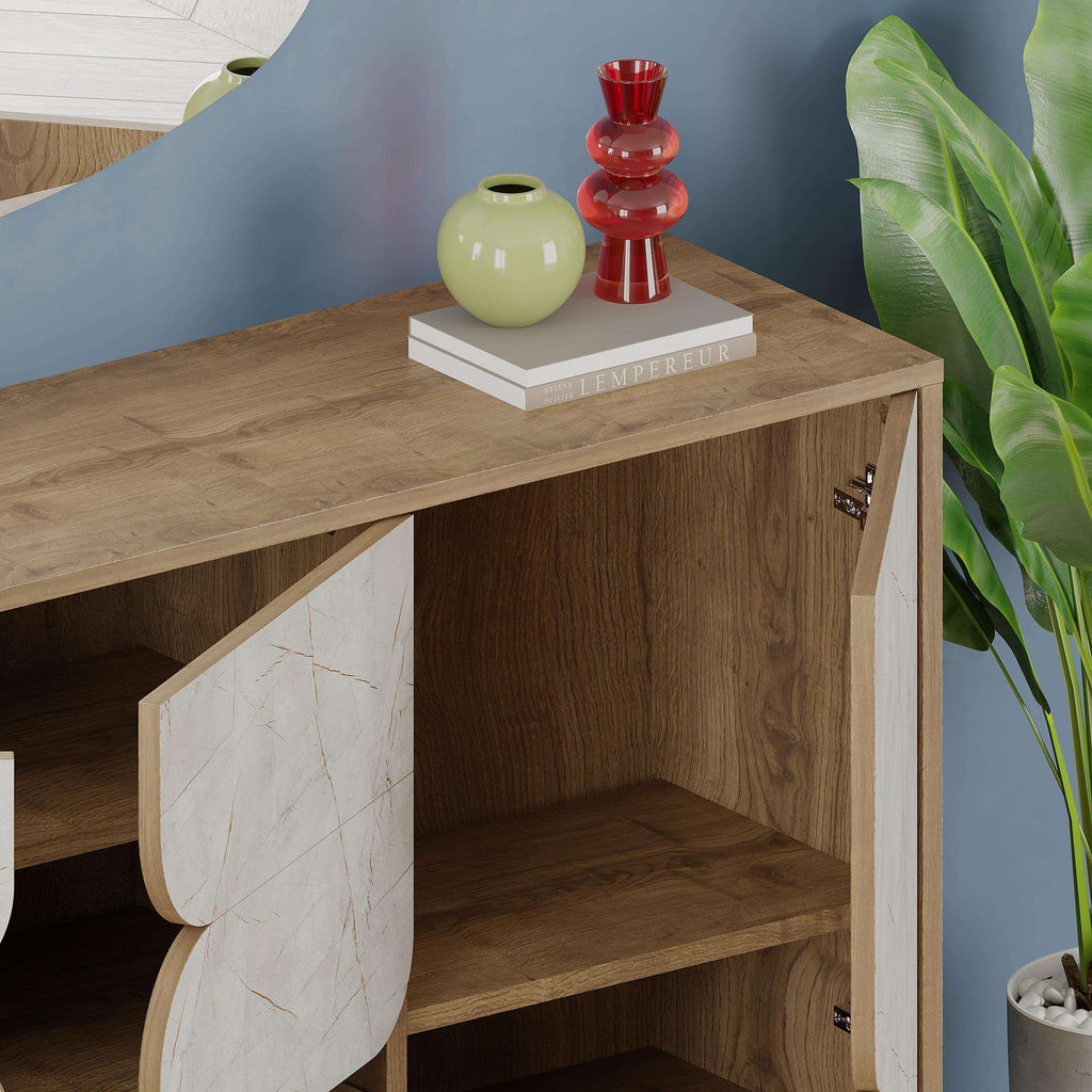Wood and white 3-door sideboard with open shelf and marble-look panel