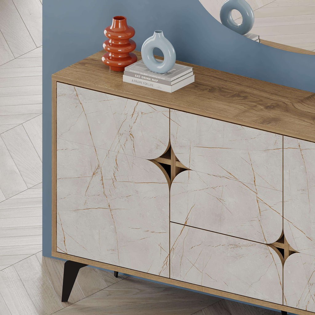 3-door console sideboard with wood top, white marble-look doors, decorative cutouts