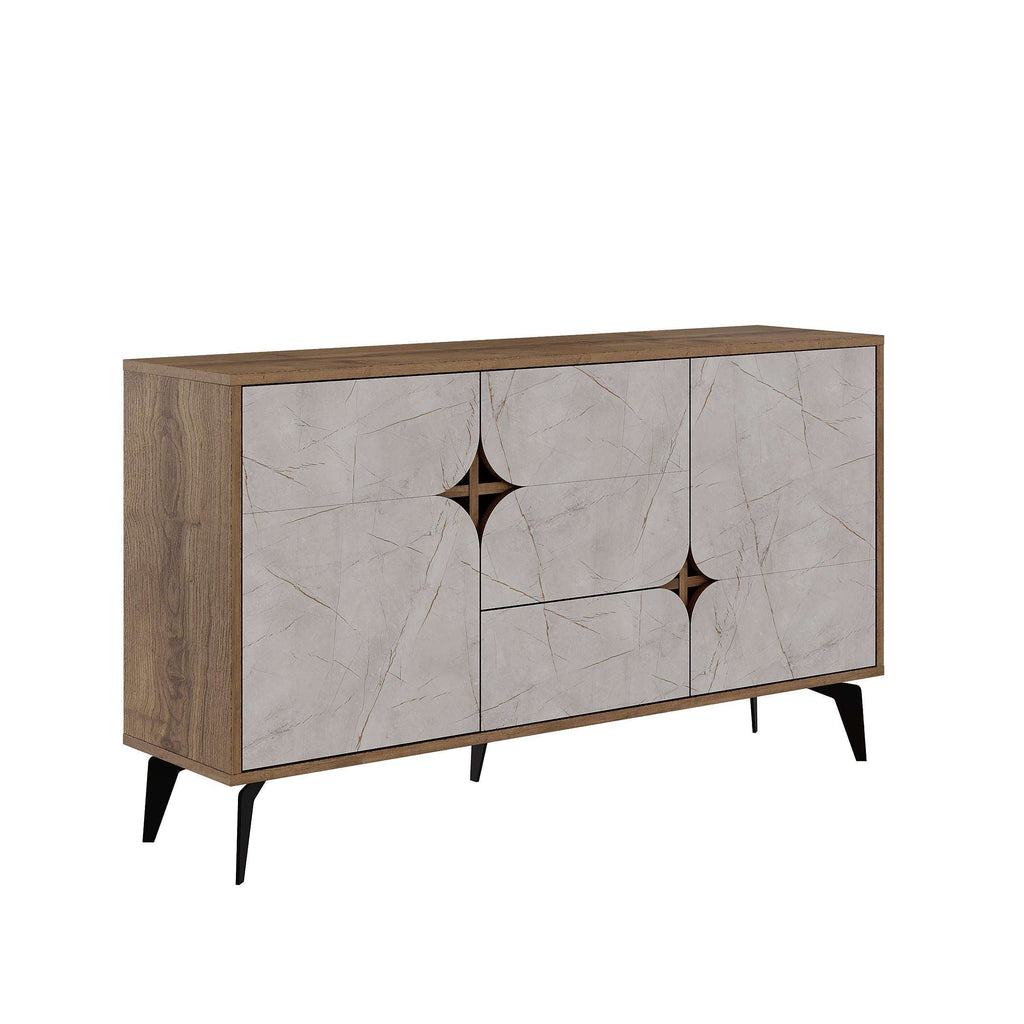 3-door sideboard with wood-effect sides, marble-look white doors, and black legs
