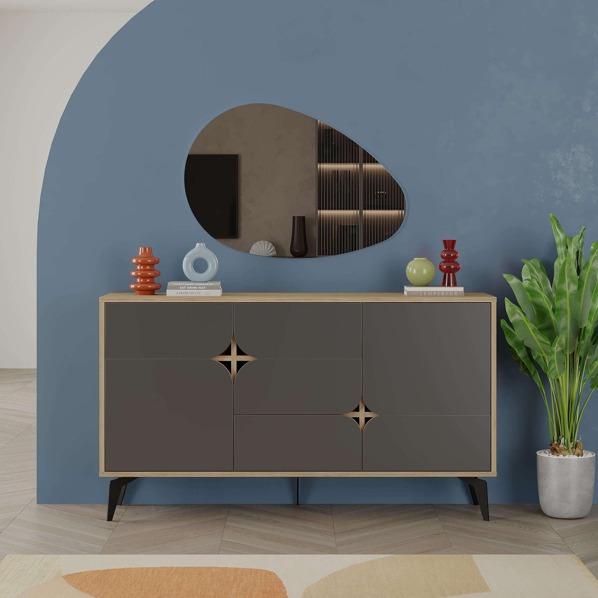 3-door console sideboard in dark gray and light oak with geometric star door panels