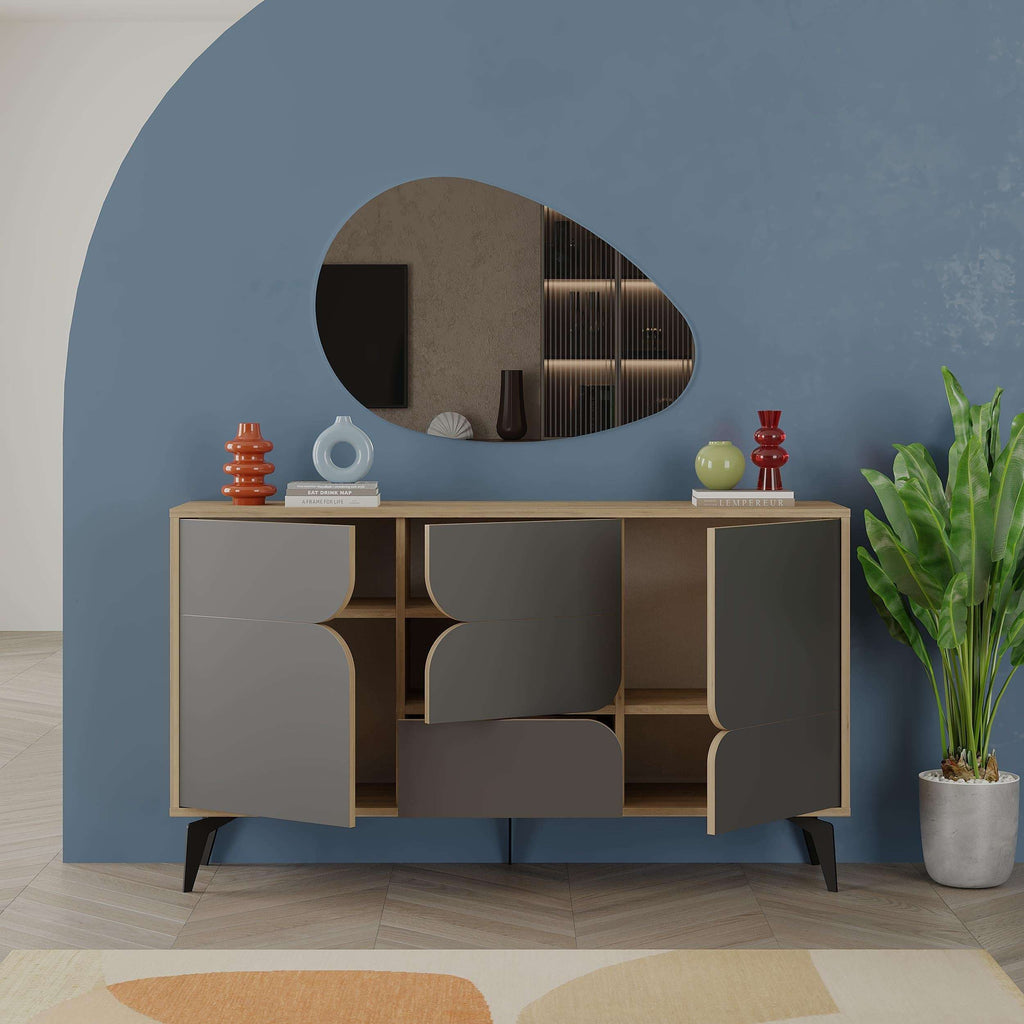 Oak and anthracite 3-door sideboard with open middle shelf and star inlays