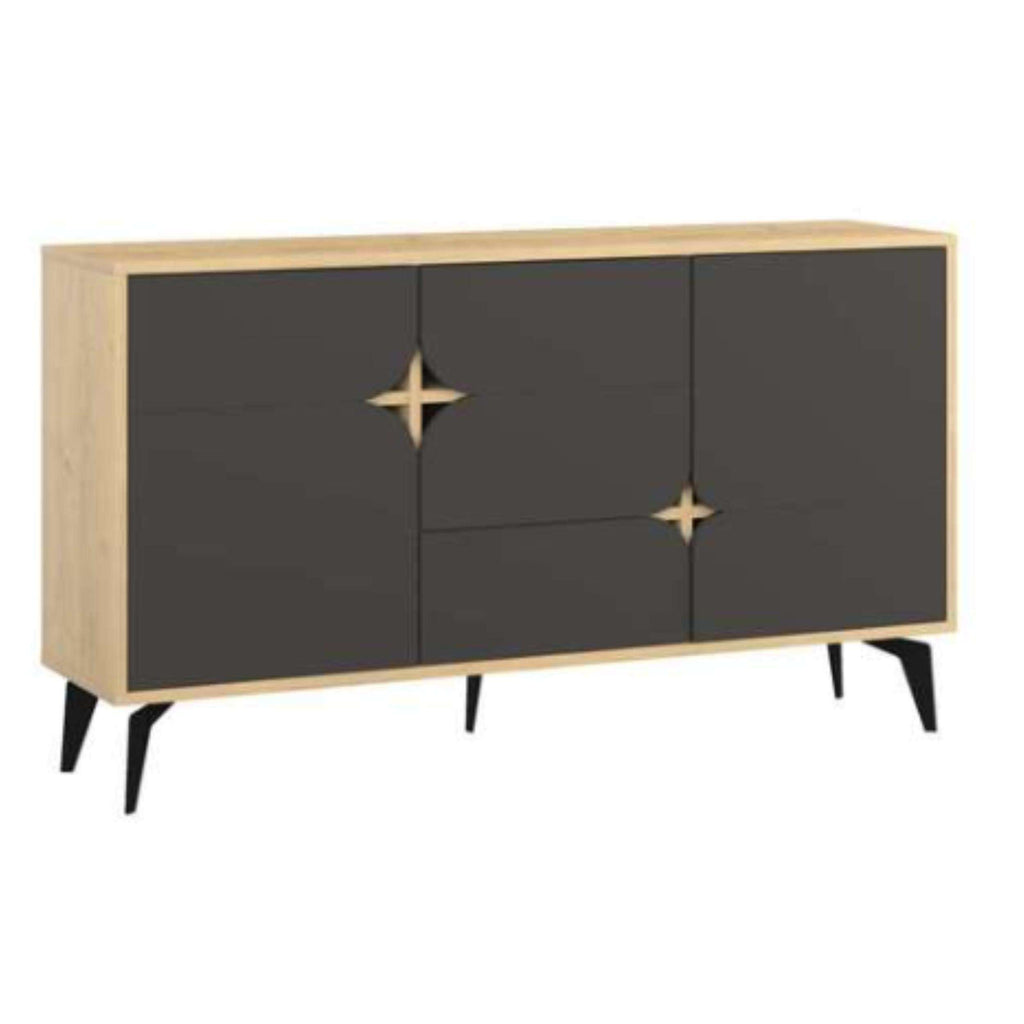 Oak and anthracite sideboard with 3 doors, star inlays, black tapered legs