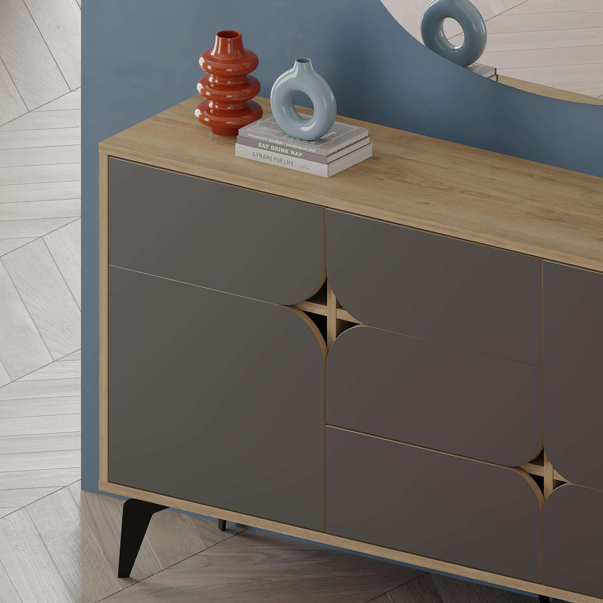 Anthracite sideboard with oak trim, star inlay, and three-door layout