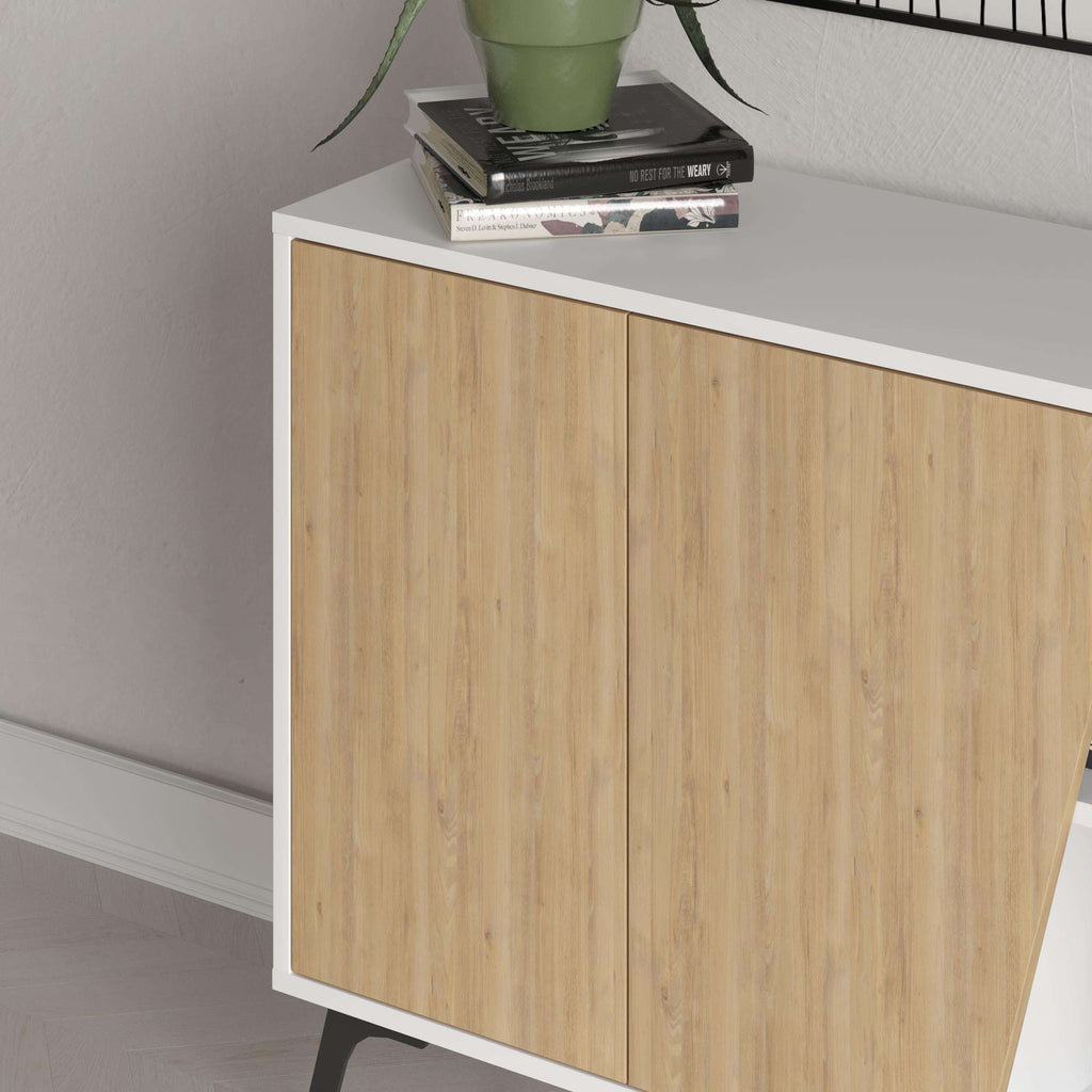 Oak wood-look console sideboard front with two cabinet doors and white frame border.