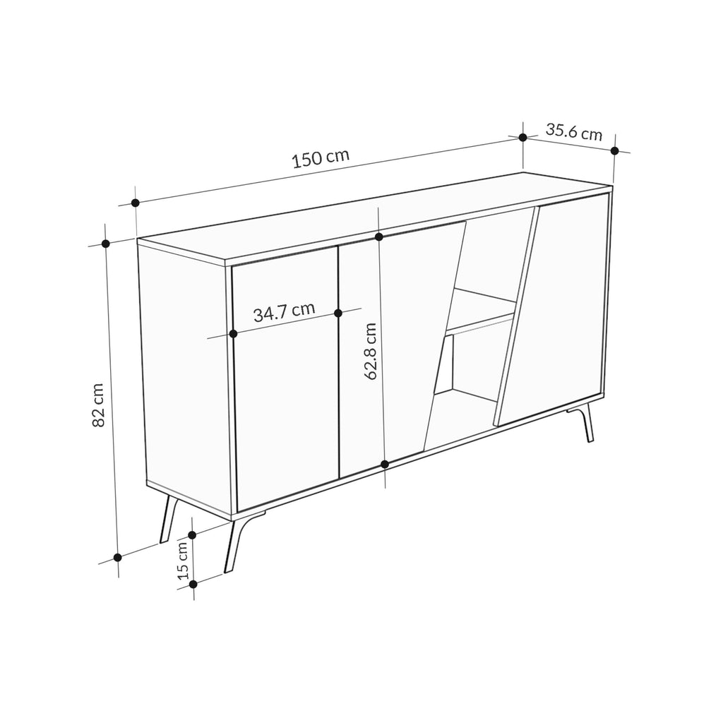 Oak sideboard cabinet with open shelf and two doors; includes height-width measurements.