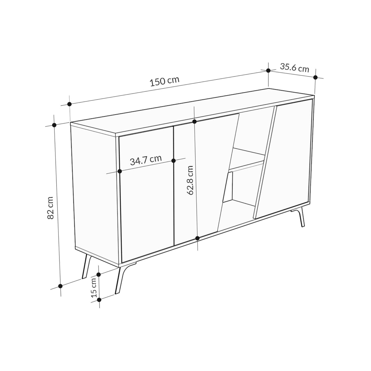 Oak sideboard cabinet with open shelf and two doors; includes height-width measurements.